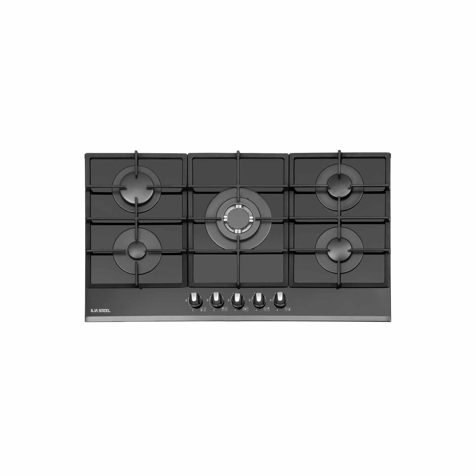 فروشگاه لوازم آشپزخانه خسروی سنتر اجاق گاز رومیزی G527 ایلیا استیل با طراحی شیشهای و 5 شعله قدرتمند، شامل شعله وک برای پخت سریعتر.