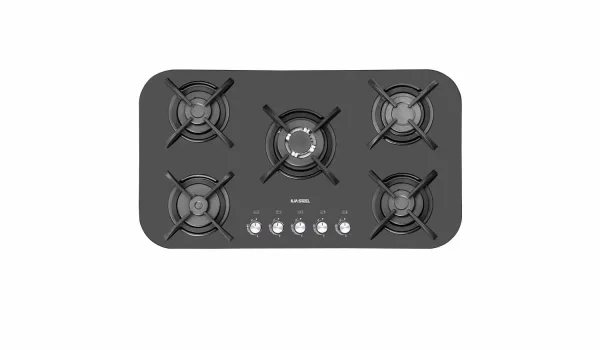 اجاق گاز رومیزی G523 ایلیااستیل با ۵ شعله، طراحی شیک و صفحه شیشه‌ای برای آشپزخانه‌های مدرن.