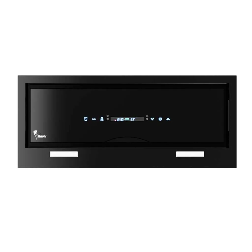 نمای نزدیک از هود مخفی سیمر مدل دایانا نصب‌شده داخل کابینت، با طراحی مشکی و چراغ‌های LED