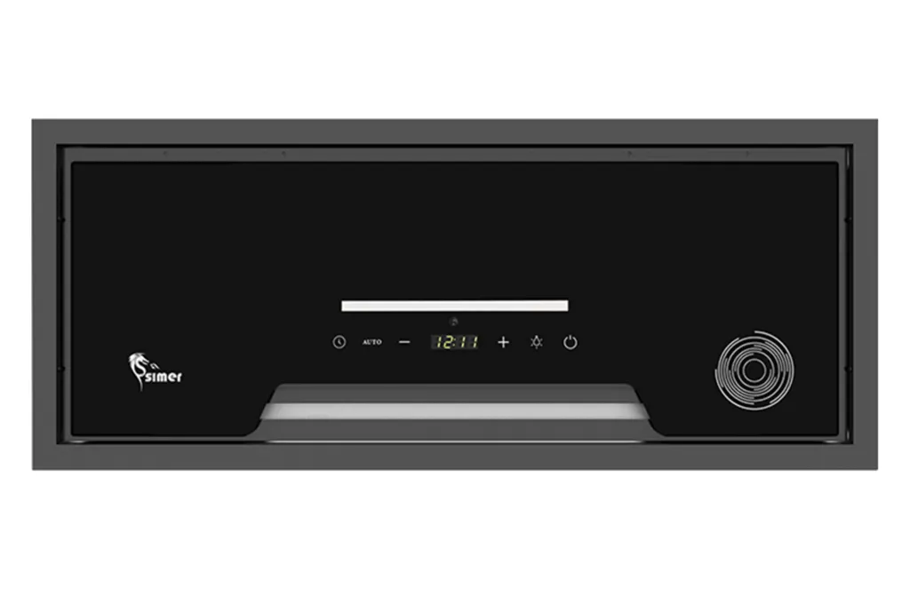 هود مخفی شیشه‌ای سیمر مدل ناک ناک با پنل دیجیتال و طراحی توکار داخل کابینت آشپزخانه