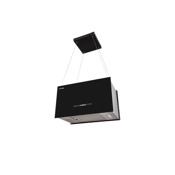 هود آشپزخانه ایلیااستیل مدل ونوس با طراحی جزیره‌ای معلق، رنگ مشکی و پنل لمسی مدرن