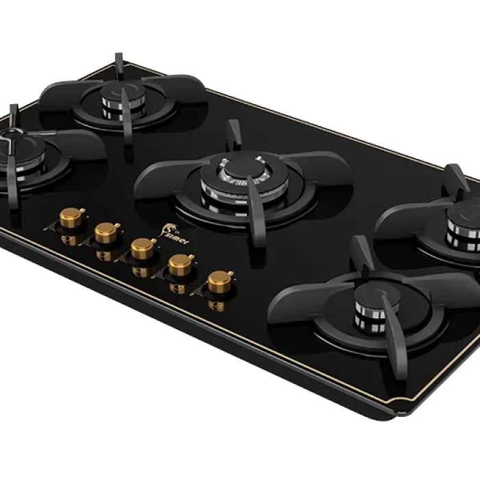 اجاق گاز رومیزی شیشه‌ای سیمر مدل G565 با ۵ شعله، ولوم کلاسیک و شبکه لعابی چدنی